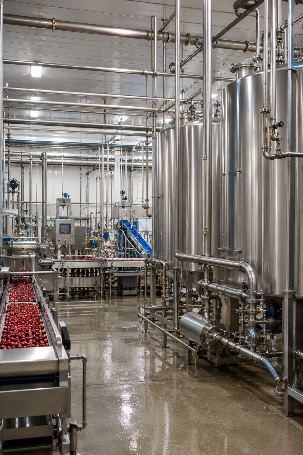 Food processing plant with stainless product handling equipment